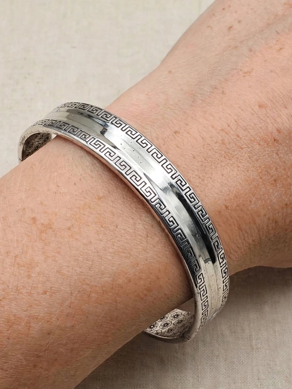 Silver Greek Key Cuff Bracelet - Classic Open Bangle